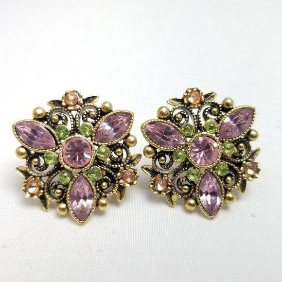 Vintage Avon Pink Green Rhinestone Clip On Earrings, Scroll Design, Estate - Picture 1 of 8